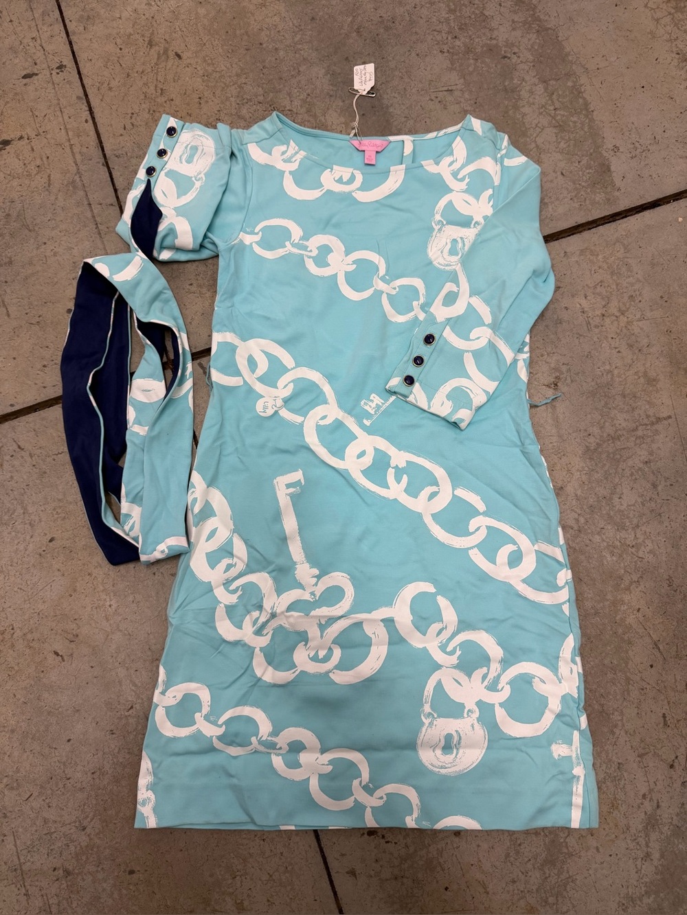 Lilly Pulitzer Jonah Shorely Blue Chain Link Print Sheath Dress with Belt Sz XS